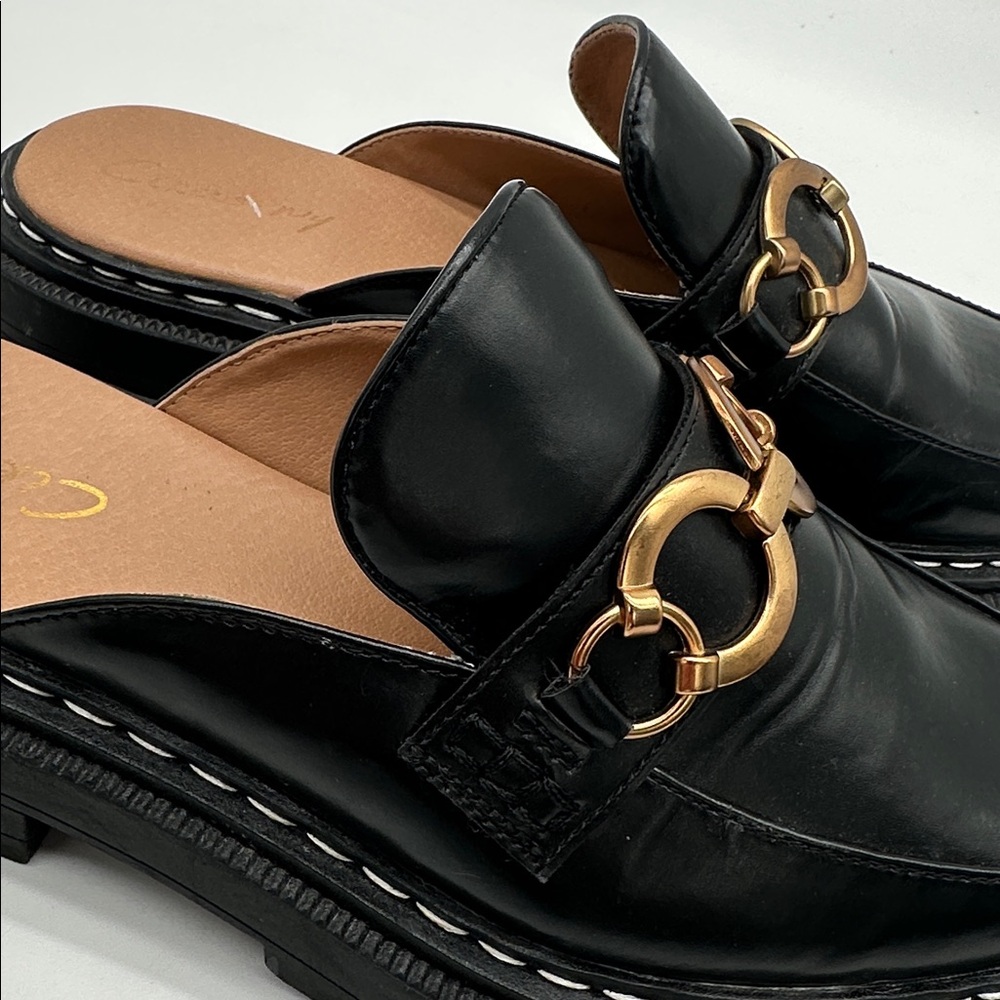 Black Leather Slip-On Mule Loafers with Gold Chain Detail - Picture 14 of 16